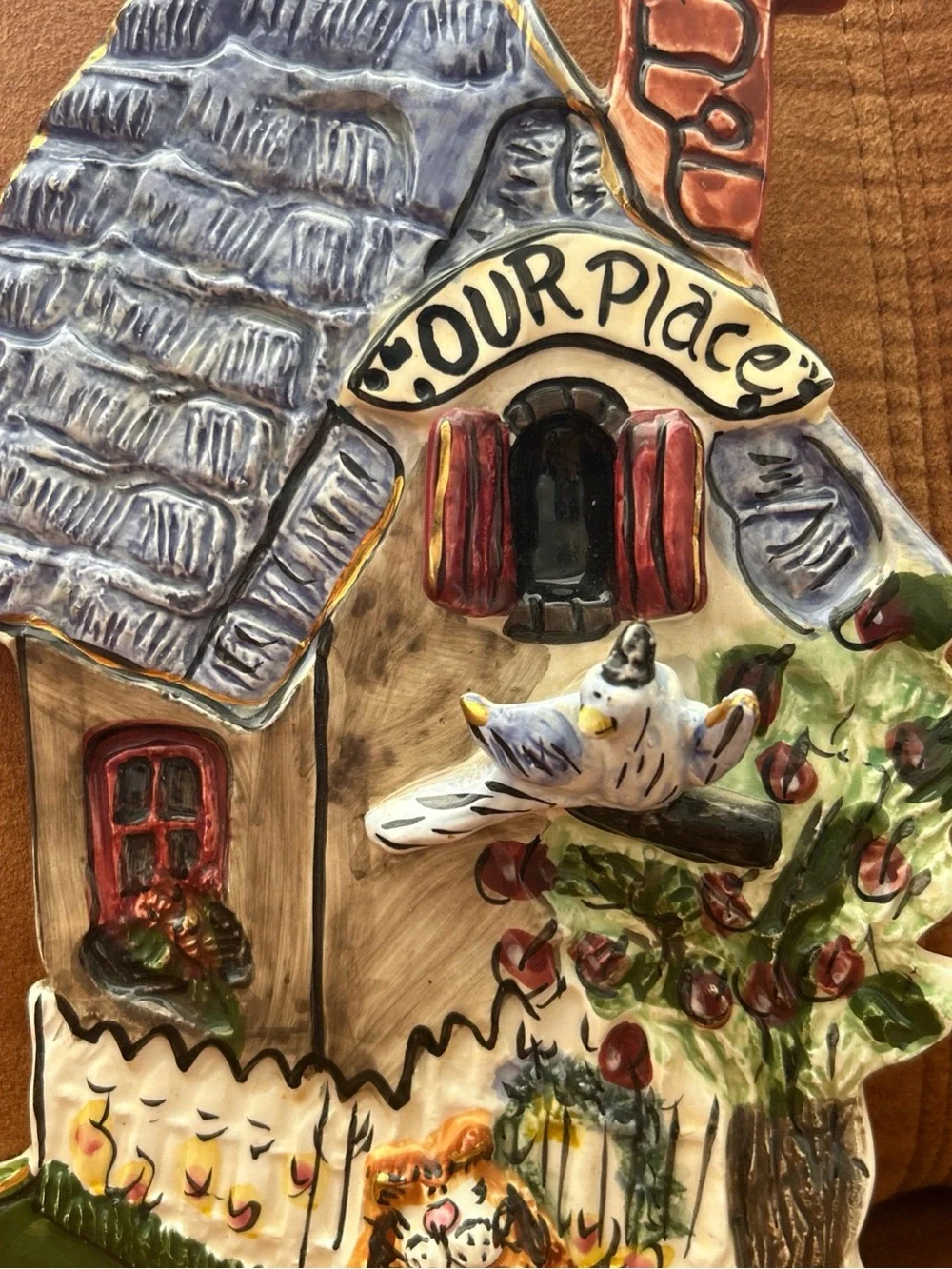 Blue Sky Our Place Wall Hanging Ceramic Heather Goldminc Signed Cat Bird 3D